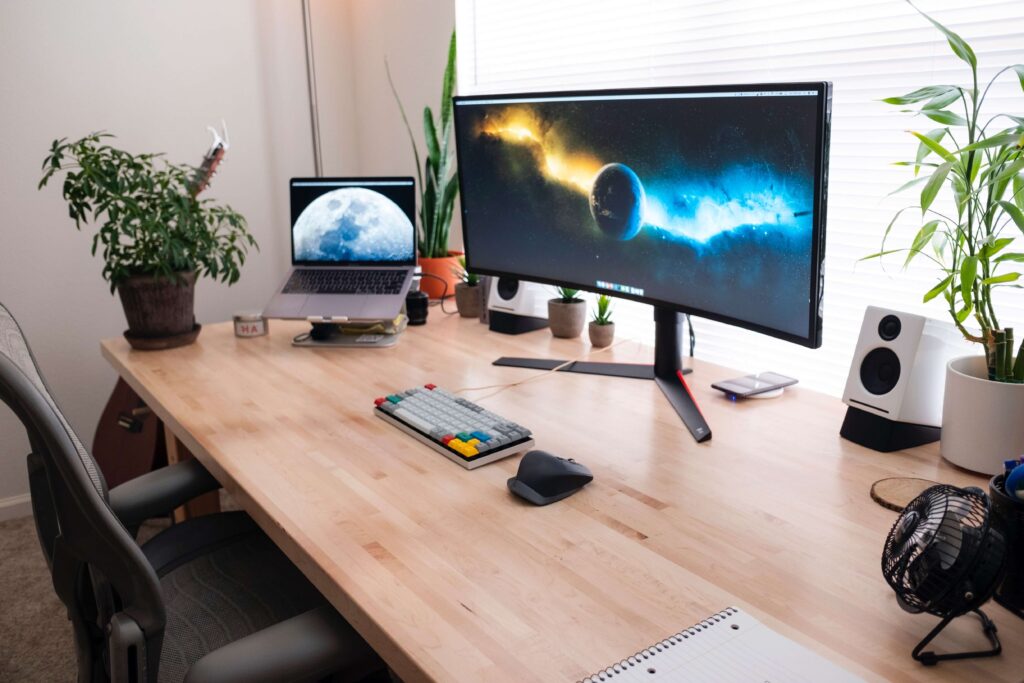 Office with computer, desk, chair etc all things to include in a moving abroad packing list