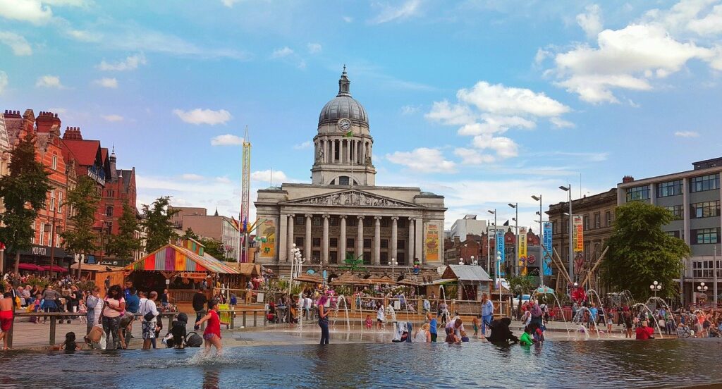 The Old Market Square in Nottingham. The Council House is at the head of the square