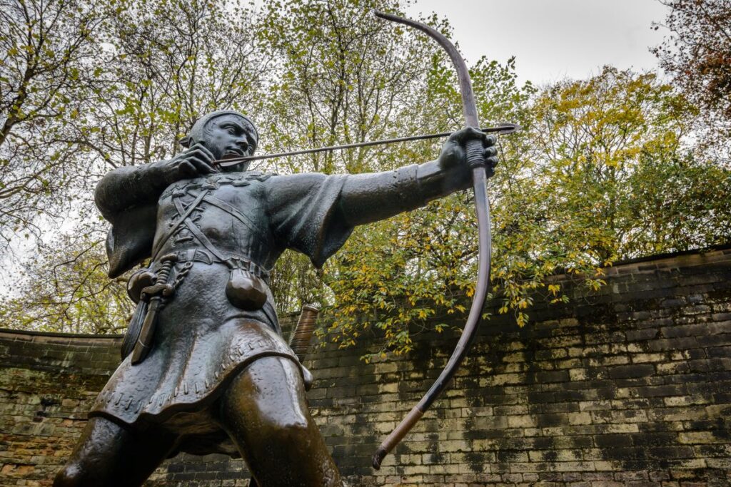 A Bronze statue of Robin Hood in the grounds of Nottingham Castle