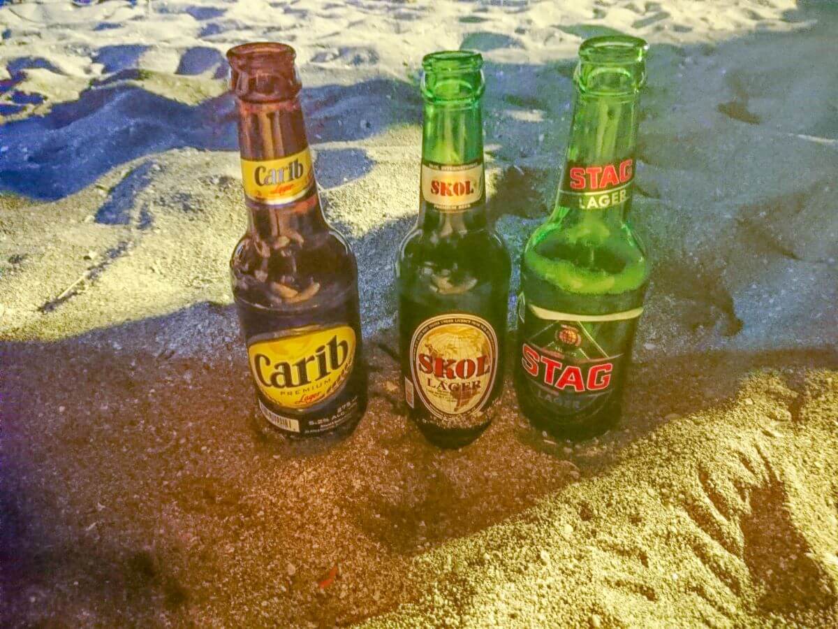 three bear bottle stand in a row on a beach