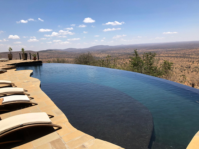 An infinity pool overlooking the African bush at a Safari lodge in Kenya