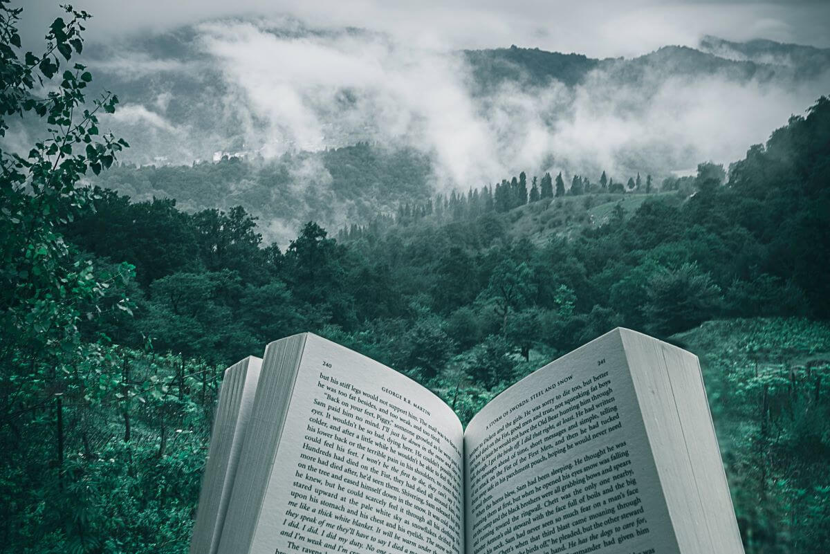 A fiction book in front of a forest